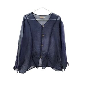 Bodil Vintage Women's 100% Silk Ruched Long Sleeves Button Front Sheer Top - M